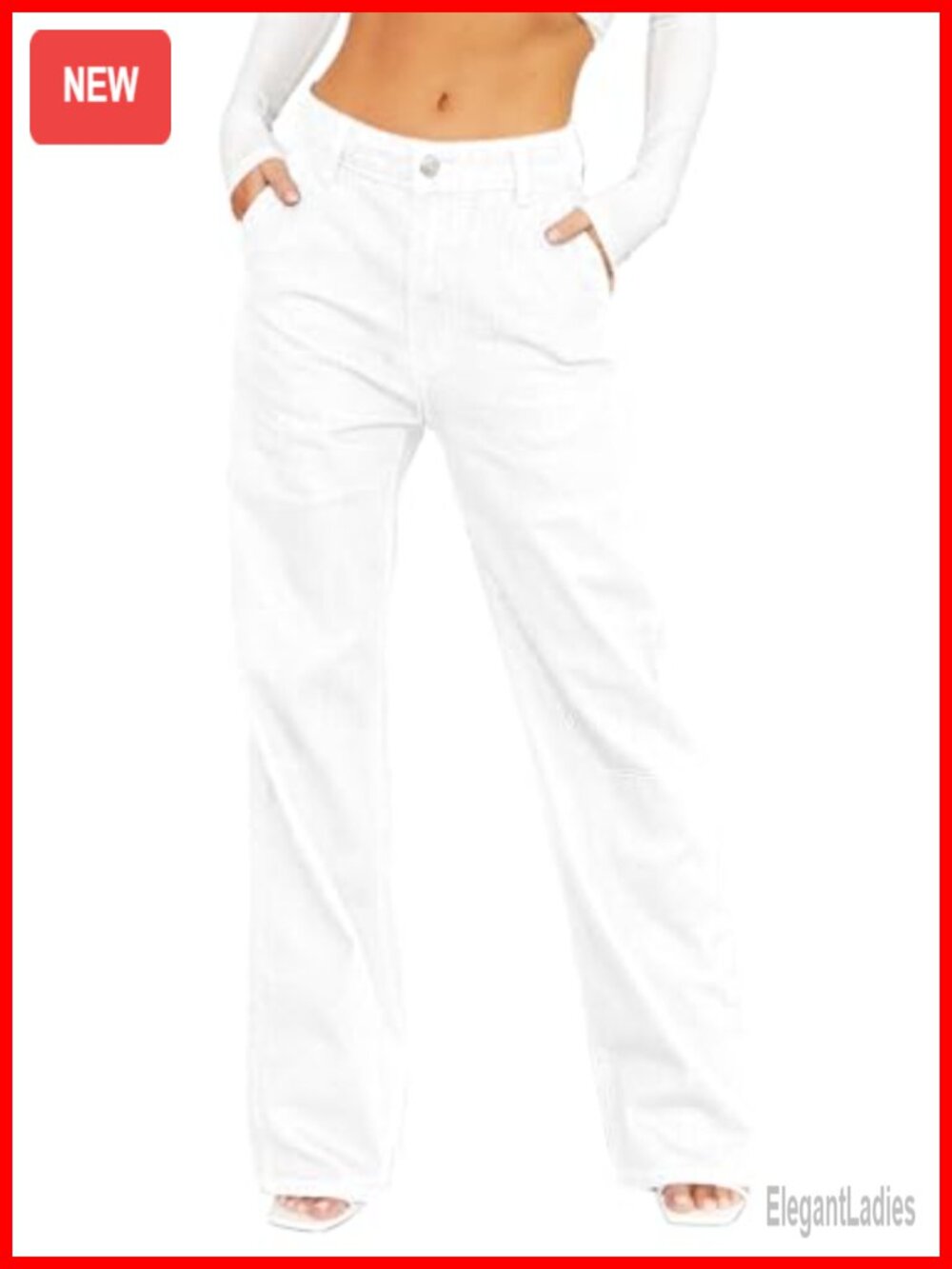 Women's Casual Mid Waist Cargo Jeans Stretch Wide Leg Denim Pants with Pockets